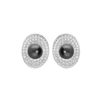 boucles d'oreille en argent rhodié ovale pavé d'oxydes blancs sertis et perle noire de tahiti véritable 7mm et fermoir poussette