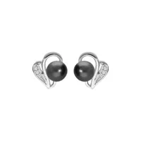 boucles d'oreille en argent rhodié motif avec perle de tahiti véritable 7mm et oxydes blancs sertis et fermoir poussette