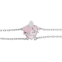 bracelet en argent platiné double chaîne avec coeur oxyde rose ciel motif volute 16+3cm