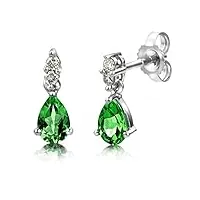 miore boucles d'oreilles pour femmes avec diamants 0.08 ct boucles d'oreilles pendantes en or blanc 9 carat /375 or avec pierre précieuse forme poire Émeraude vert, bijoux
