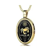 pendentif signe du zodiaque en or jaune 14ct - collier cancer avec inscription en or 24ct sur une pierre onyx, chaine en or laminé de 45cm