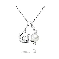 viki lynn collier argent femme avec pendentif chat mignon de perle blanche qualité de perle de culture aaa vente seule design origine idée cadeau femme ou cadeau d'anniversaire