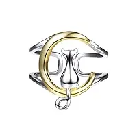 silvercute bague femme argent 925/1000 plaqué or anneau ouvert réglable forme chat et lune bijoux mignon bicolore pour fille - avec boîte-cadeau rose