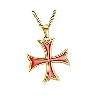 bobijoo jewelry - pendentif collier templier croix pattée huit pointes rentrées acier or doré plaqué email rouge
