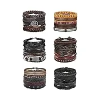 finrezio lot de 30 bracelets en cuir tressé pour homme et femme avec perles en bois tissées ethniques tribales réglables, 8.5 inch, bois chanvre
