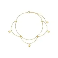 rikelus chaîne de cheville en or véritable 9 carats pour femme - or 375/9 ct - chaîne de cheville en forme d'étoile - cadeau d'anniversaire de noël - 20 + 5 cm, doré, oxyde de zirconium