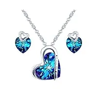 yumilok collier et boucles d'oreilles en cristal pour femme fille, bijoux parures en argent 925, collier cœur cristal bleu, clous d'oreilles cœur cristal bleu, zircon incrusté