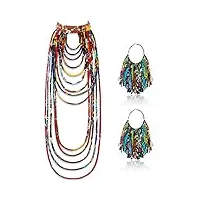 lot de 2 colliers et boucles d'oreilles en tissu de style africain ankara - longues boucles d'oreilles à franges - fabriquées à la main - pour femme, tissu polyester, pas de gemme