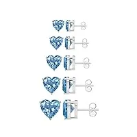 9,5 cts multi pierres précieuses 4 mm, 5 mm, 6 mm, 7 mm, 8 mm en forme de cœur en argent sterling 925 solitaire clou d'oreille pour femme (lot de 5) (topaz bleu)