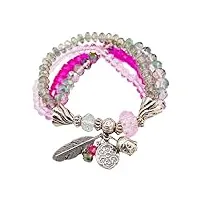 celestial people bracelet bohème chic multi-rang pour femme | 4 rangées de perles variées | style zen | 100% assemblé main en france de façon artisanale (vert gris/rose néon)