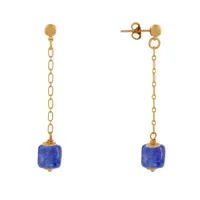 boucles d'oreilles chainette laiton doré et cube en céramique - bleu navy