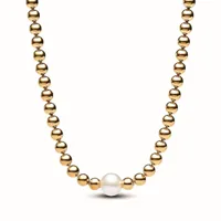 collier femme métal doré à l'or fin avec perle blanche pandora timeless