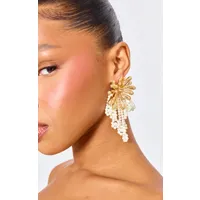 boucles d'oreilles xxl dorées abstraites à détail fleur et perles, doré